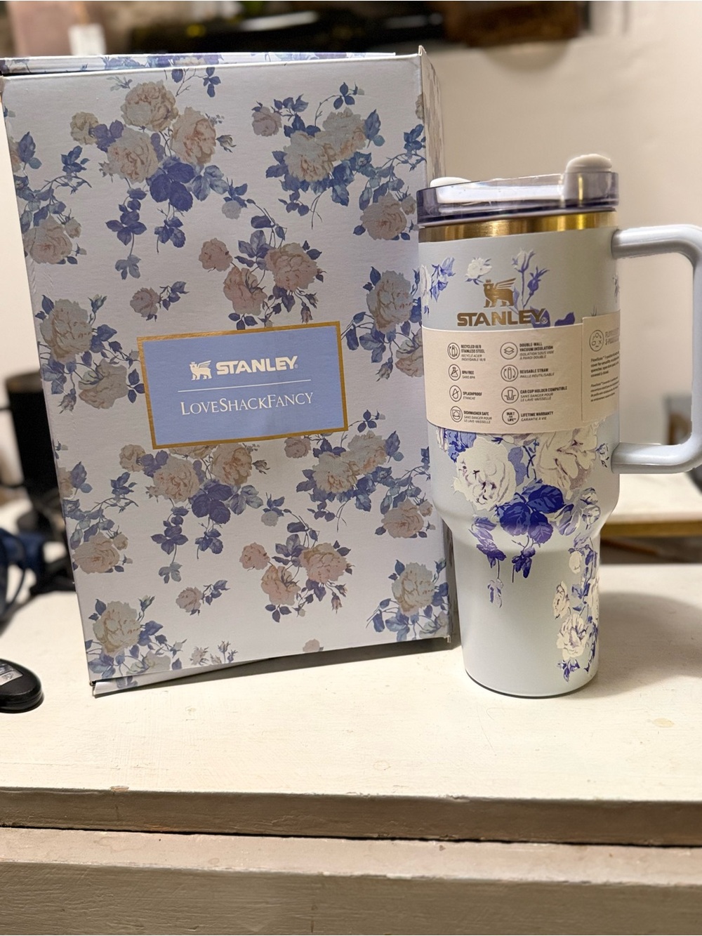 Loveschak fancy Stanley Floral Travel Tumbler in Blue and Cream